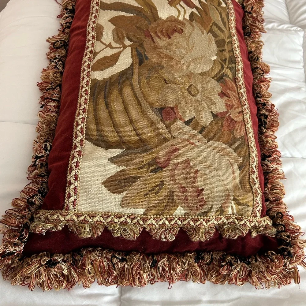 Decorative Floral Tapestry Accent Pillow in Gold, burgundy and Cream